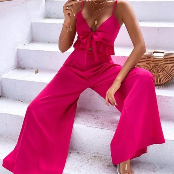 Wide Leg Pants w/ Peplum Cami Knot Front Top set - Picture 6 of 8